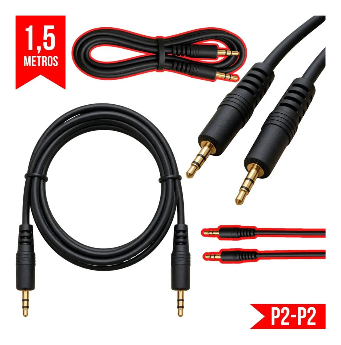 Cabo Auxiliar P2 1,5m Gold Sem Ruido Audio Estereo Profissional Conector Dourado Para Celular Carro Notebook Caixa De Som Universal