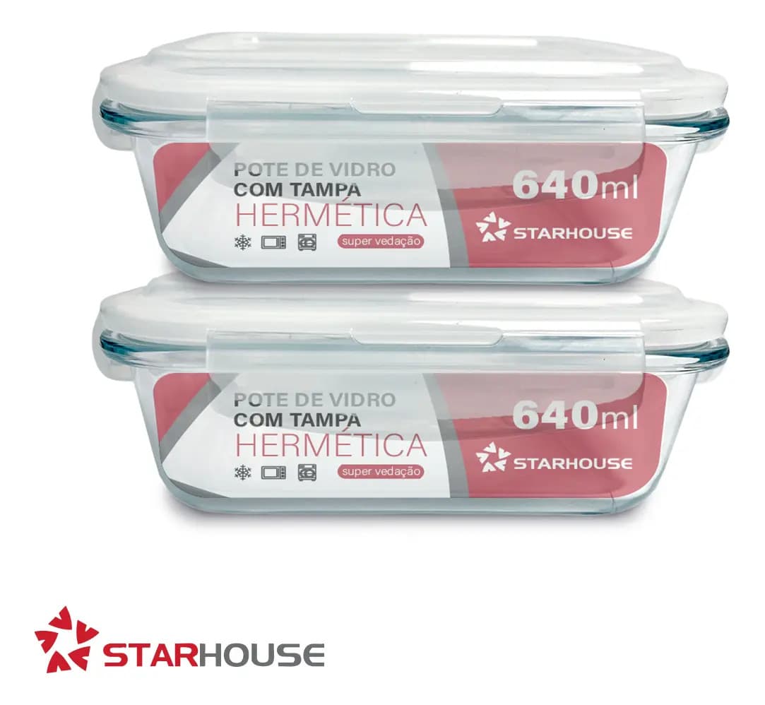 Kit 2 Potes Hermético Vidro Marmita Micro-ondas 640ml Star House