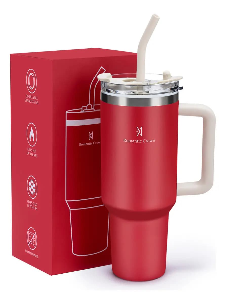 Copo Térmico Inox 1,2l Com Alça, Tampa, Canudo Inox E Escova Cor Vermelho Lisa