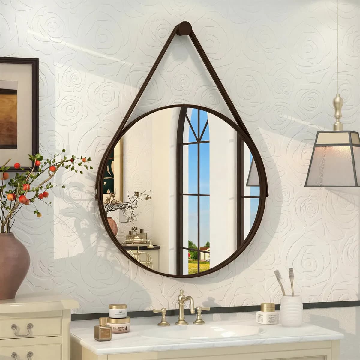 Espelho Redondo 60cm Adnet Alça de Couro Marrom Café Dupla Costura e Suporte em Alumínio Quarto, Banheiro, Sala MF901