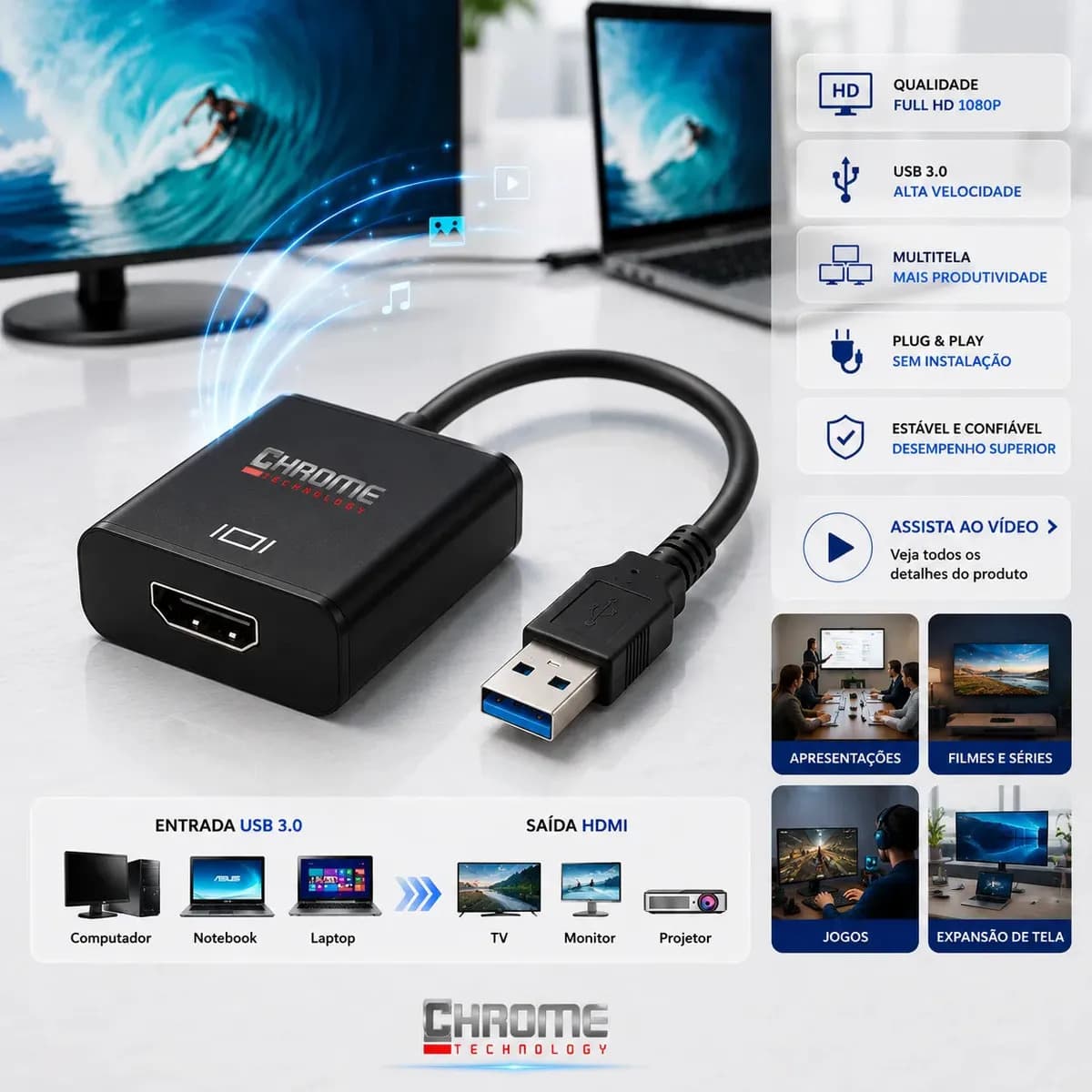 Cabo Adaptador Conversor Usb Para Hdmi Usb 3.0 Multitela Hdmi 1080p Pc Notebook Mac Tv Televisão Entrada Usb E Saída Hdmi Plug And Play - Marca Chrome Technology