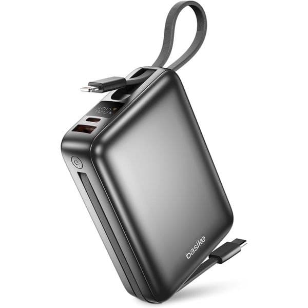 Basike Carregador Portátil, Power Bank 20000mAh com Cabos Integrados, Carregamento Rápido 22.5W(MAX), Compacto, Led Indicador de Bateria para iPhone, Samsung, Huawei, Xiaomi - Cinza