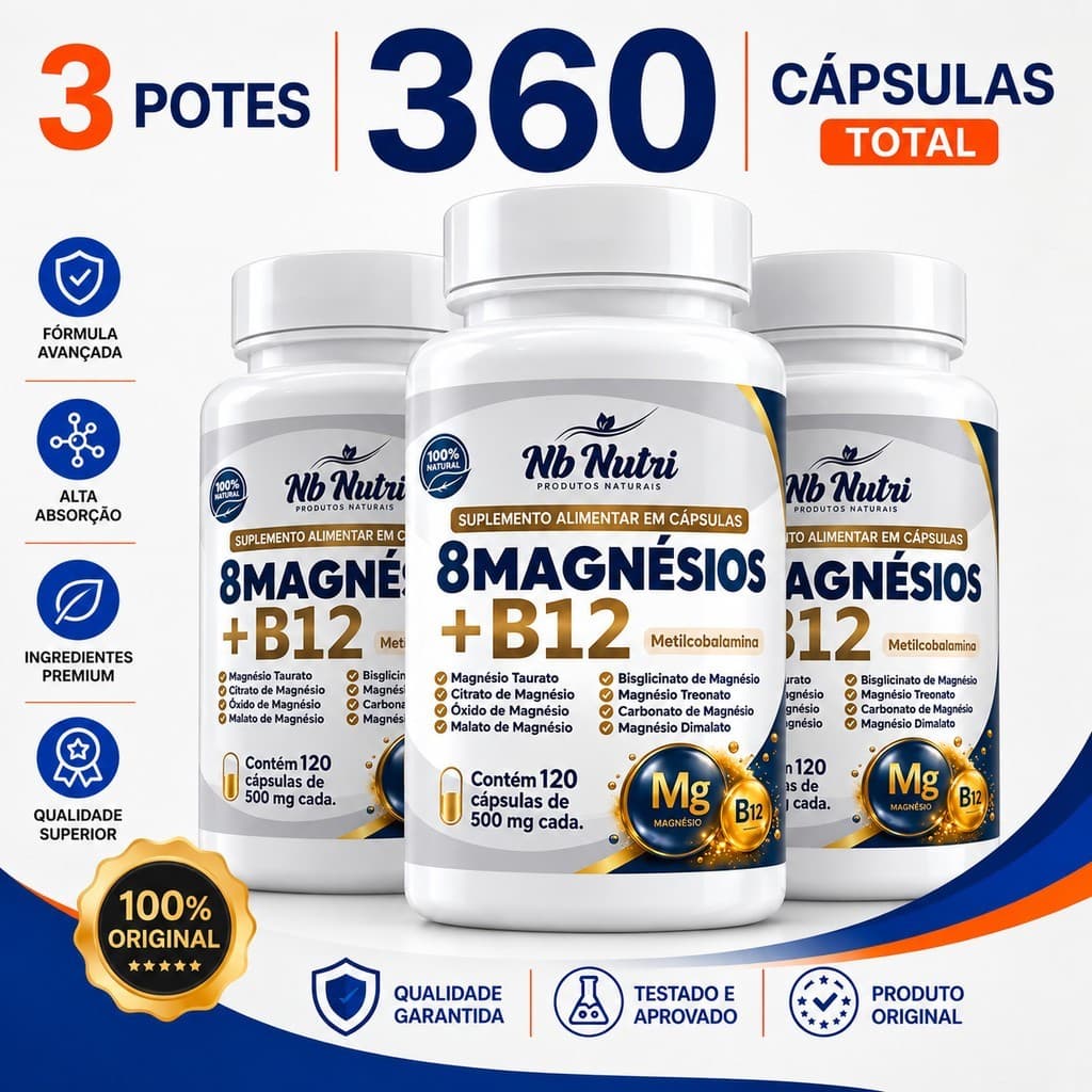 8 Magnésios + Vitamina B12 Metilcobalamina 500mg 120 Cápsulas – Fórmula Avançada