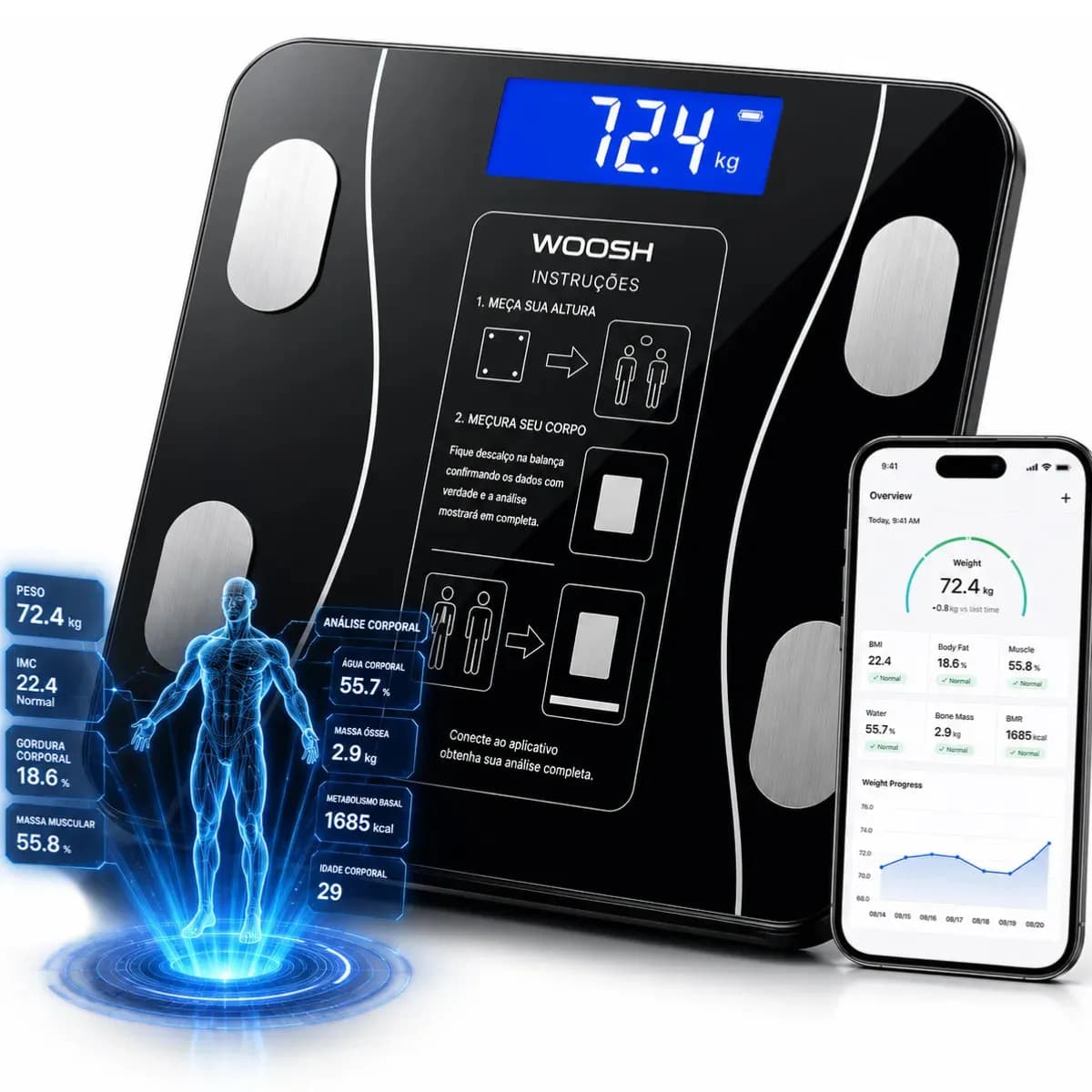 Balança de Bioimpedância Digital Woosh Smart IMC para Academia e Banheiro com Bluetooth e App, até 190 kg