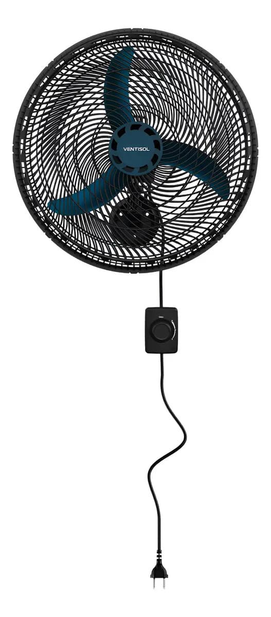 Ventilador De Parede Ventisol New Azul 3 Velocidades Estrutura Preto Diâmetro 50 Cm Material Das Pás Plástico
