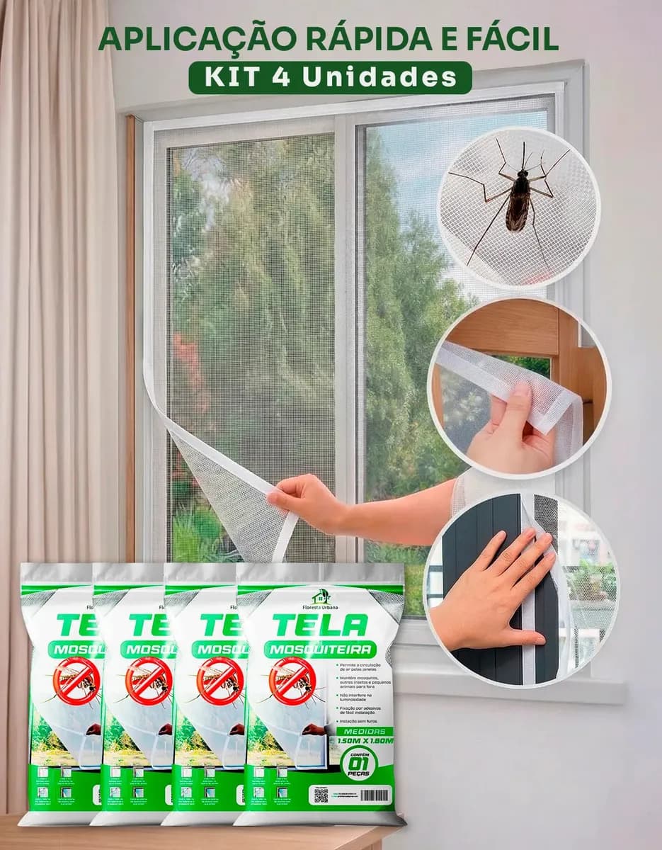Kit 4 Telas mosquiteira janela anti-inseto para mosquito proteção com velcro ajustável 150 x 180 cm Floresta Urbana