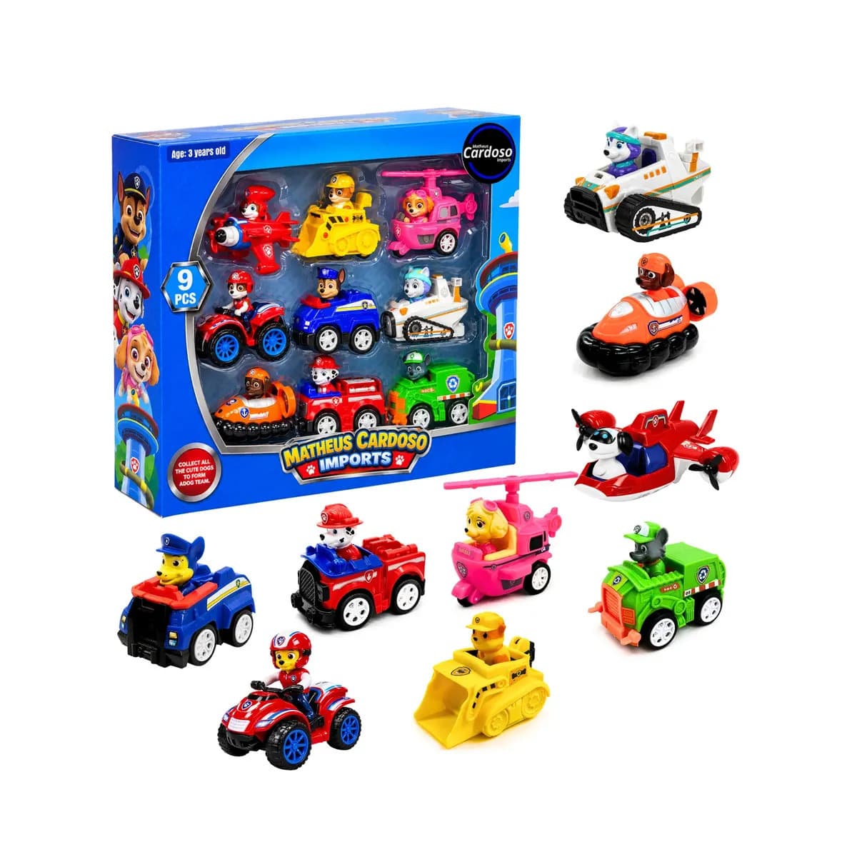 Kit 9 Carrinhos Patrulha Canina Fricção 9 Personagens Brinquedo Infantil Coleção Chase Marshall Skye Ryder Rubble Rocky Zuma Everest Robo Dog – Matheus Cardoso Imports