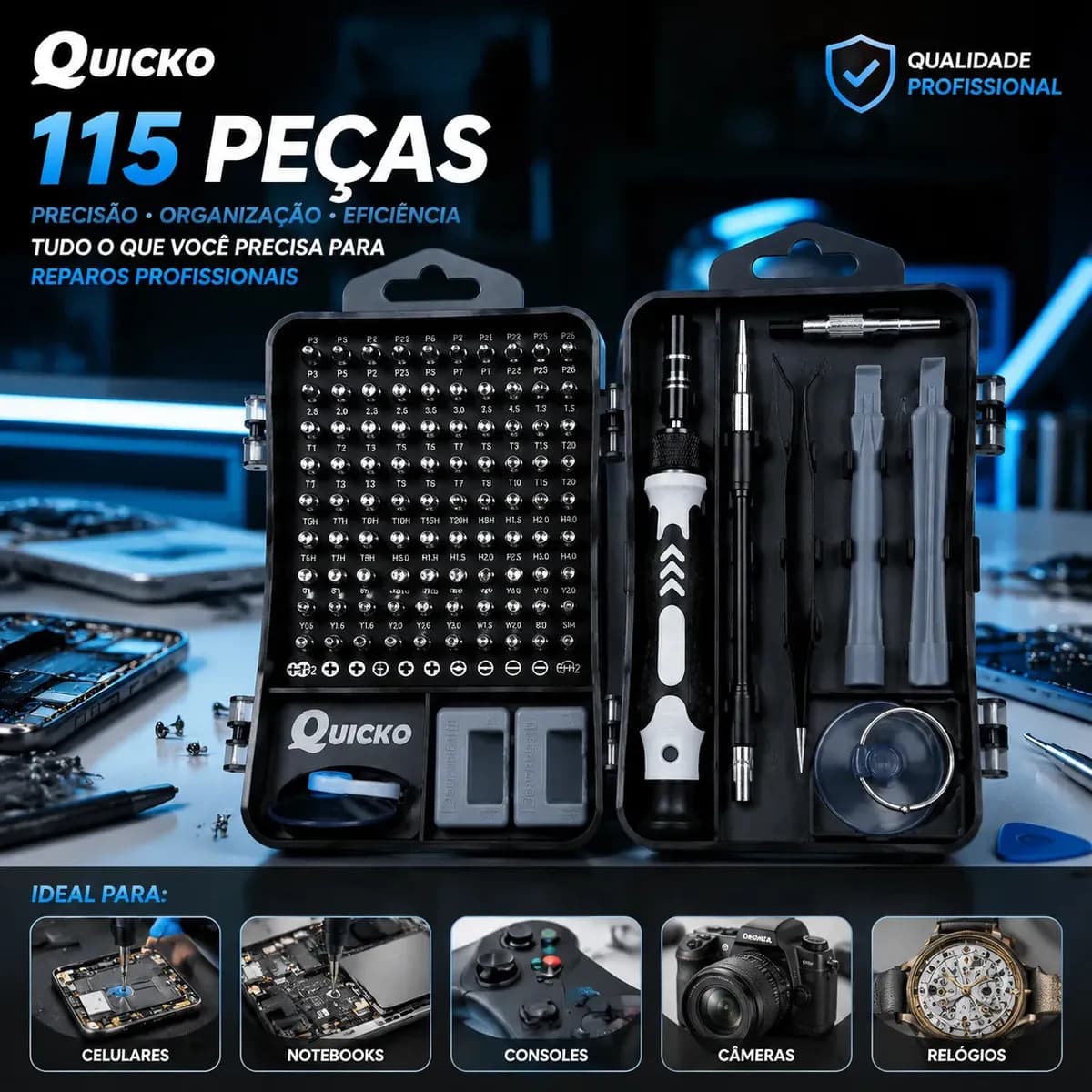 Kit Jogo de Ferramentas Precisão Magnético 115 Peças Quicko para Reparação Kit Completo Para Assistencia Tecnica Celulares Jogo De Chave Abrir Celular Equipamentos Para Manutenção De Celular
