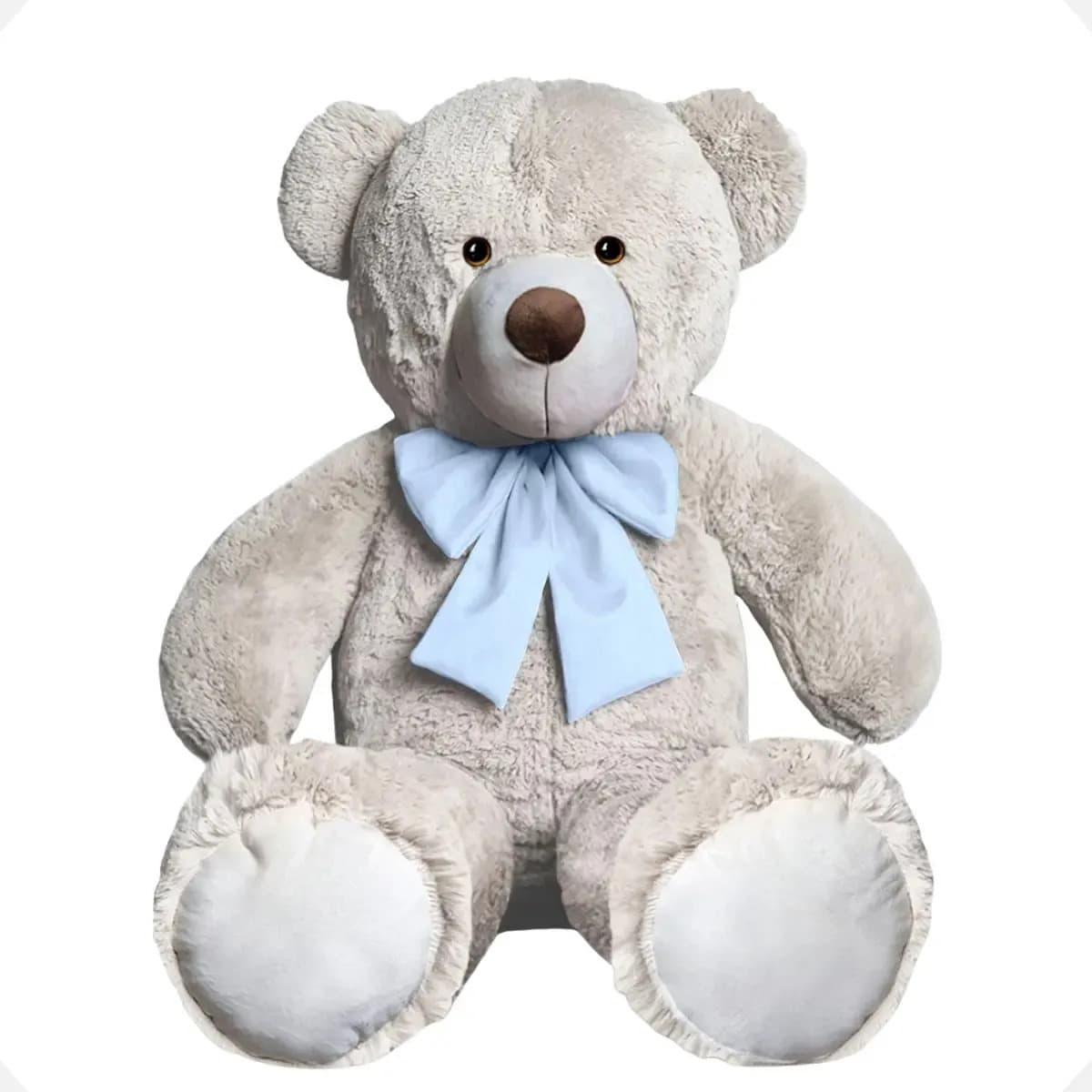 Urso De Pelúcia Teddy Bear Grande Com Laço 50cm Antialérgico Cor Baunilha com Azul Bebe