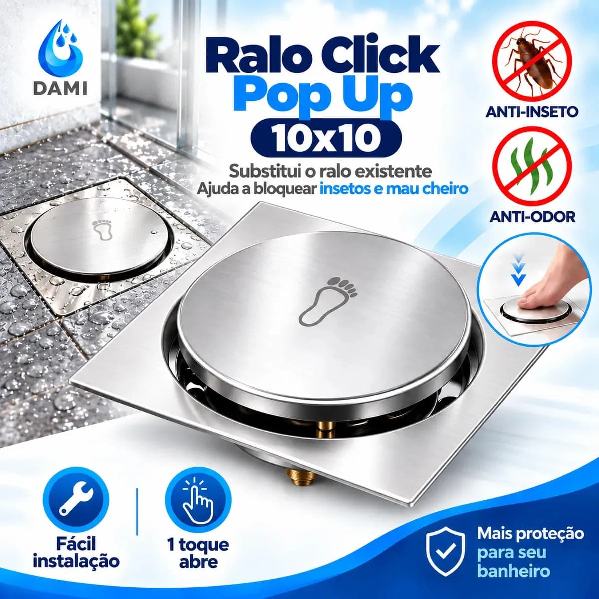 Ralo Click 10x10 Inteligente Pop Up Inox Oculto Invisível Para Banheiro E Cozinhas Acabamento Premium