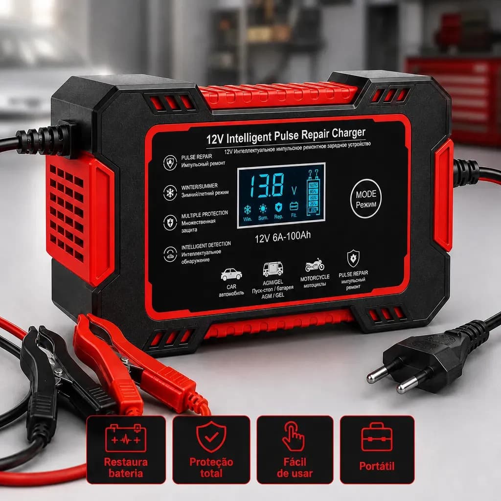 Carregador de Bateria Automotivo Inteligente Bivolt 6A com Display Digital para Carro, Moto e Barco