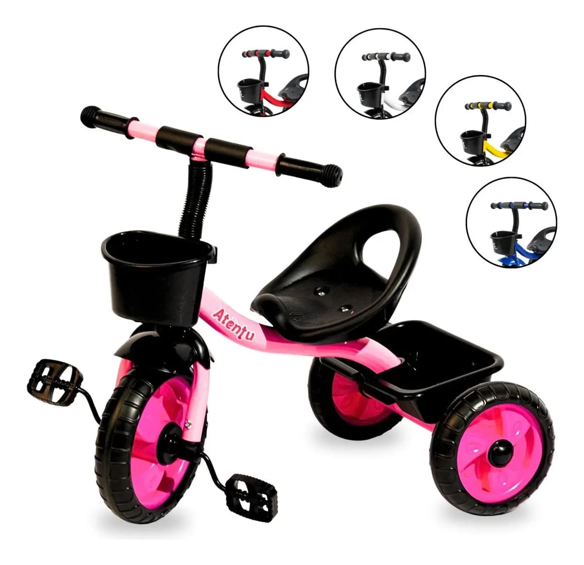 Brinquedo triciclo de 3 rodas para crianças com cesto de bolhas rosa chiclete Atentu triciclo infantil motoca