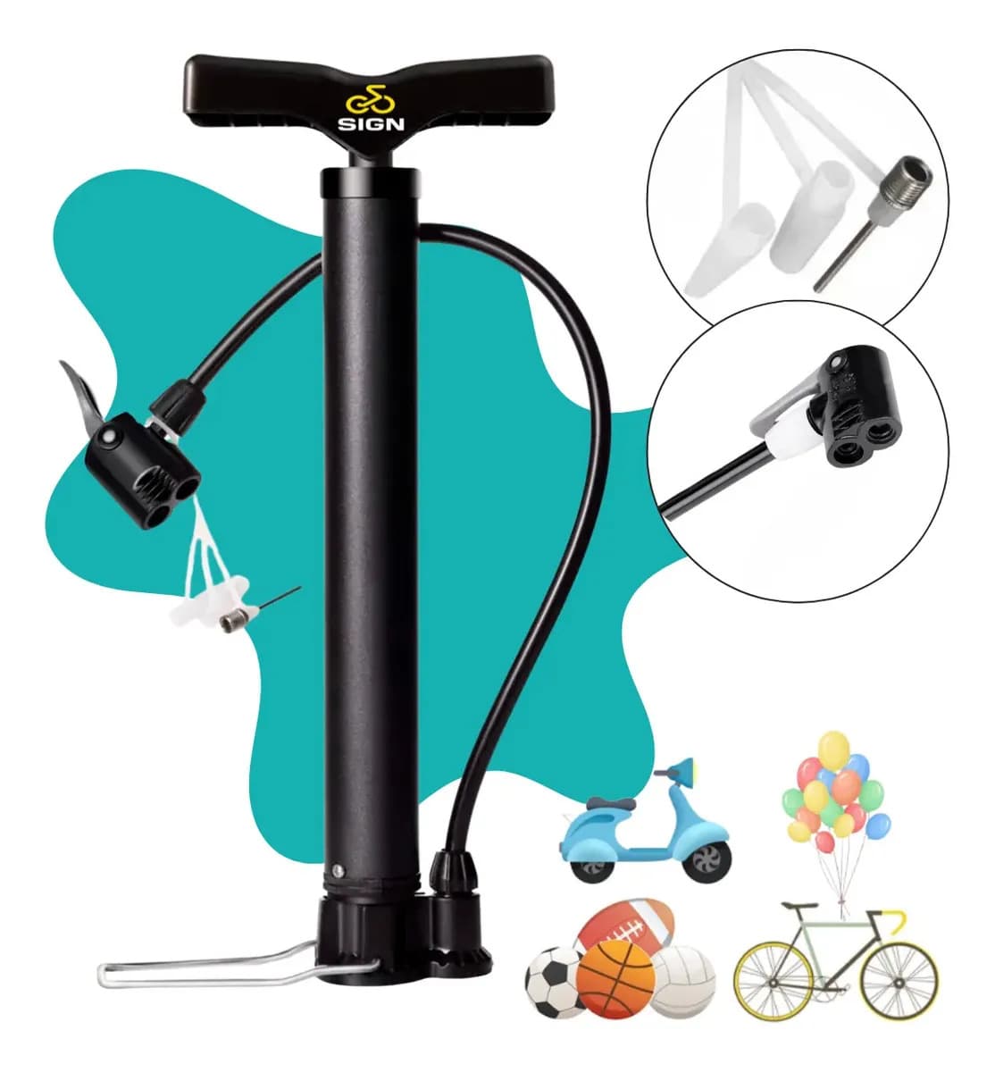 Bomba Para Pneu de Bicicleta Portátil De Ar Manual 3 Bicos 2 Válvulas Fina E Grossa Encher Pneus De Bike Carro Moto Bola Balão Colchão Inflável Bico Schrader E Presta Cor Preto Sign