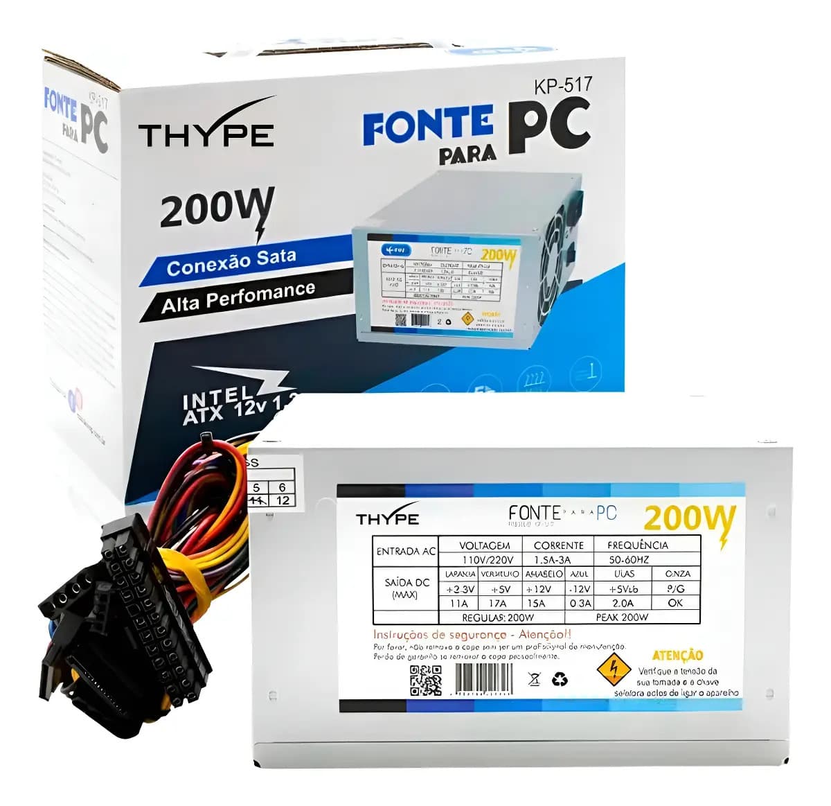 Fonte de Alimentação ATX THYPE 200W Bivolt com Cabo para PC