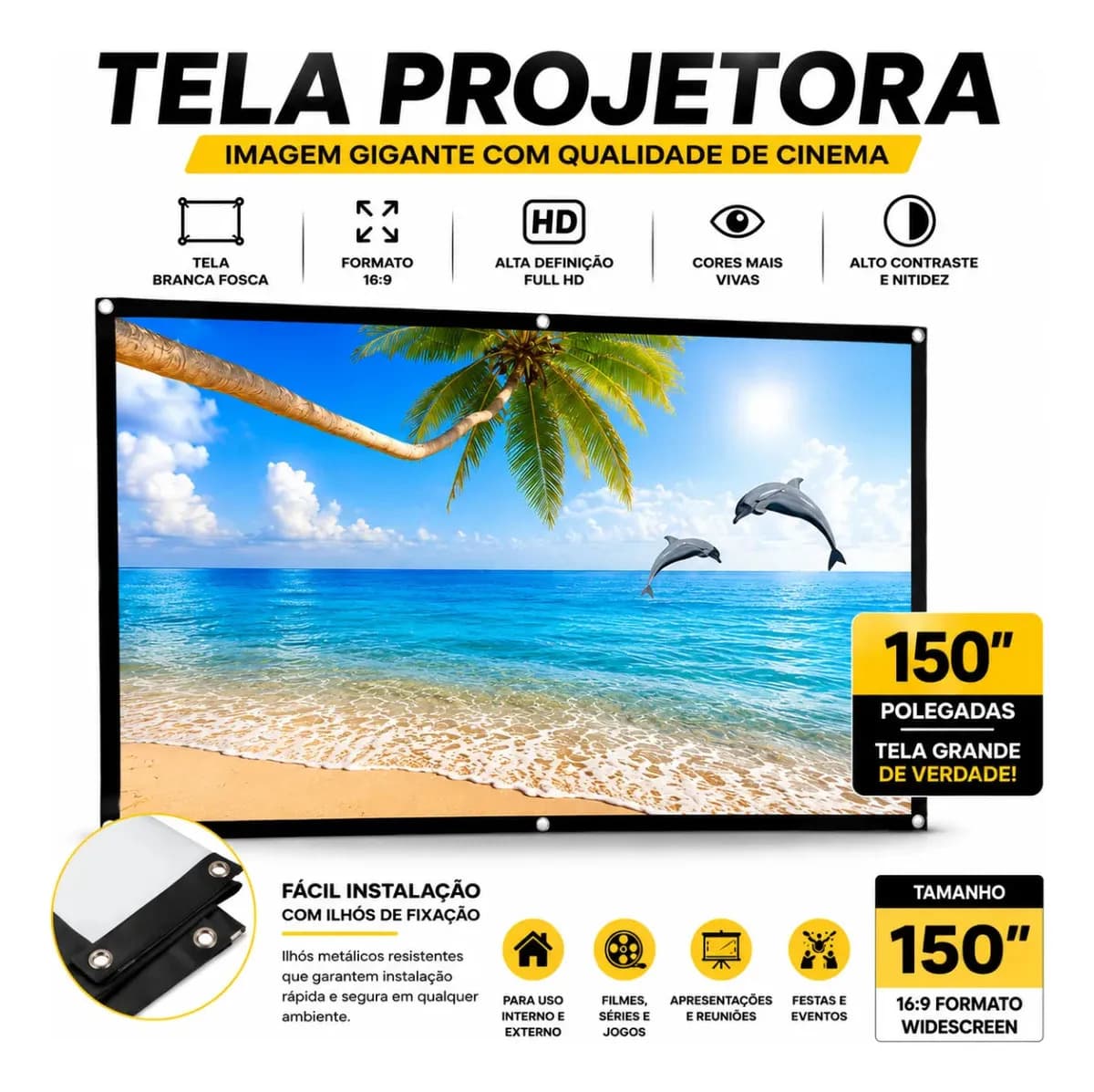 Tela Projeção 150 Polegadas Imagem Nitida Cinema Em Casa 127/220v