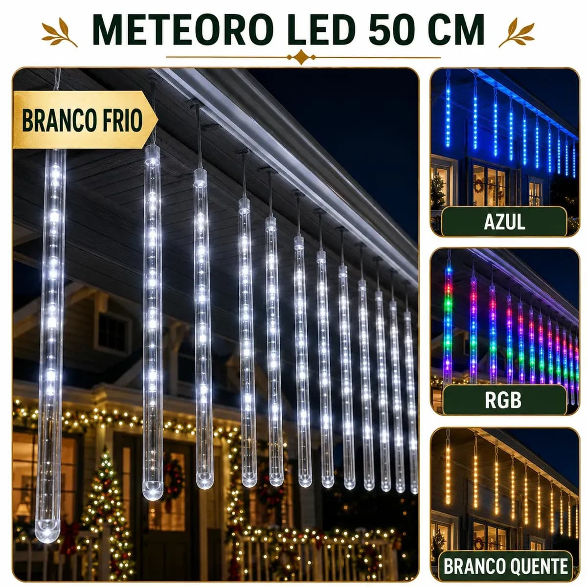 Cascata Meteoro 50cm 8 Tubos Led 3 Metros Bastão Chuva IP65 Decoração Natal Festas Bivolt Cor Branco Frio LuvinCo