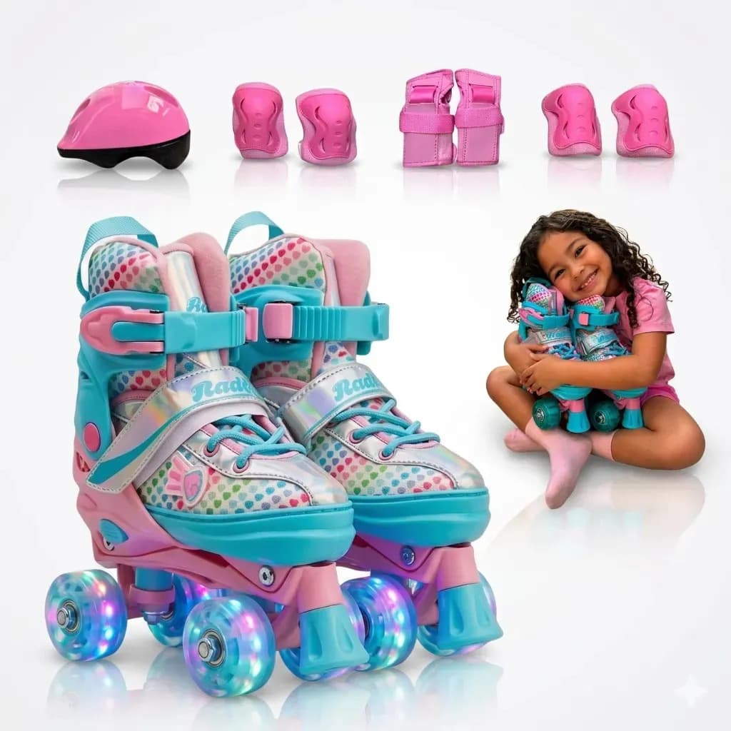 Roller Patins Infantil Quad 4 Rodas Com Led + Kit D Proteção Cor Coração Azul Com Rosa Tamanho Das Rodas 5.5 Mm Tamanho Dos Patins 36 Ao 39