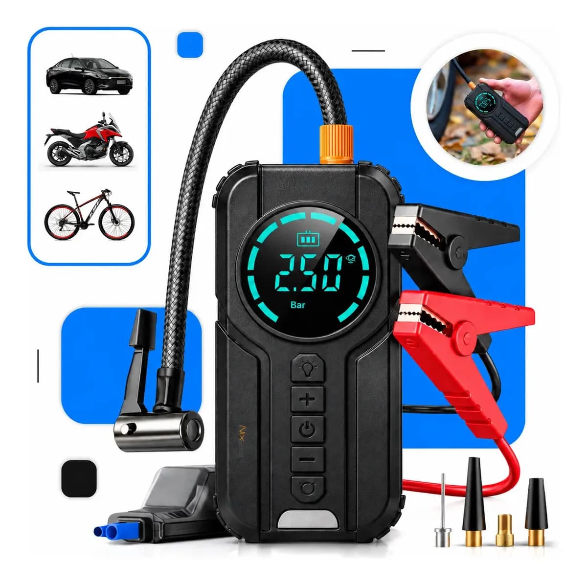 Auxiliar de Partida Carregador Bateria Com Compressor De Ar Portátil Veicular Emergência 6 em 1 Inteligente Digital 12V Calibrador Pneu Automotivo Lanterna LED Moto SUV Bike Caminhonete Marca Nixzen