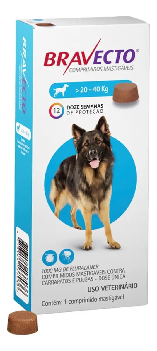 Bravecto Cães 20-40kg 1000mg 1 Comp. Mastigável Msd Azul