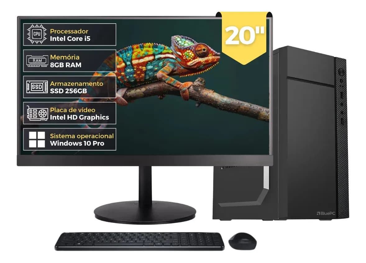 Computador Completo Flash, Intel Core i5 3470, RAM 8GB, SSD 256GB, Bivolt, Preto, Monitor 20" LED HDMI, Windows 10 Pro - BluePC DOE-0140FL