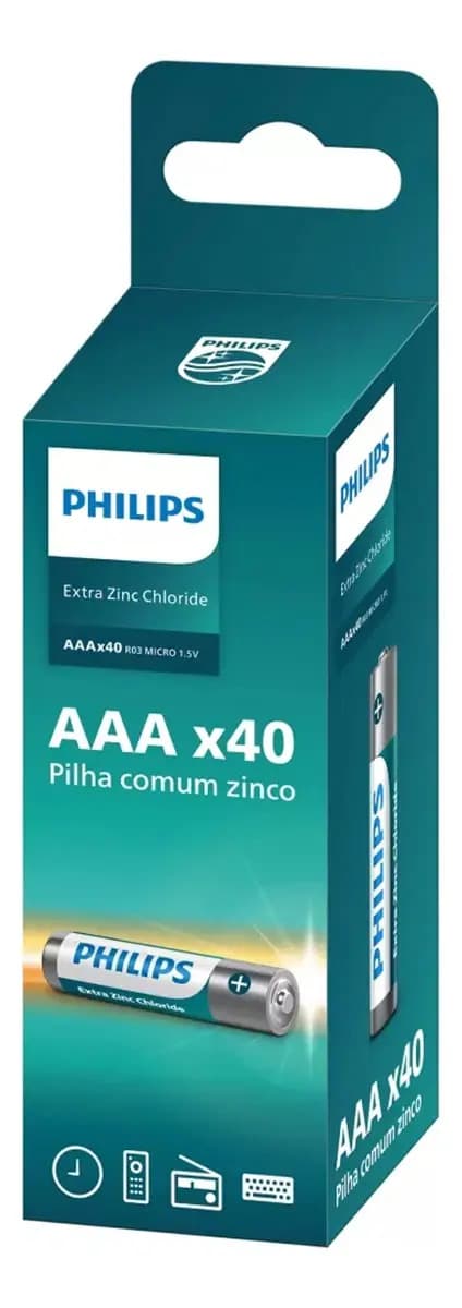 Pilha Zinco Aaa Philips Bateria Carvão Palito Tubo Kit 40 Un