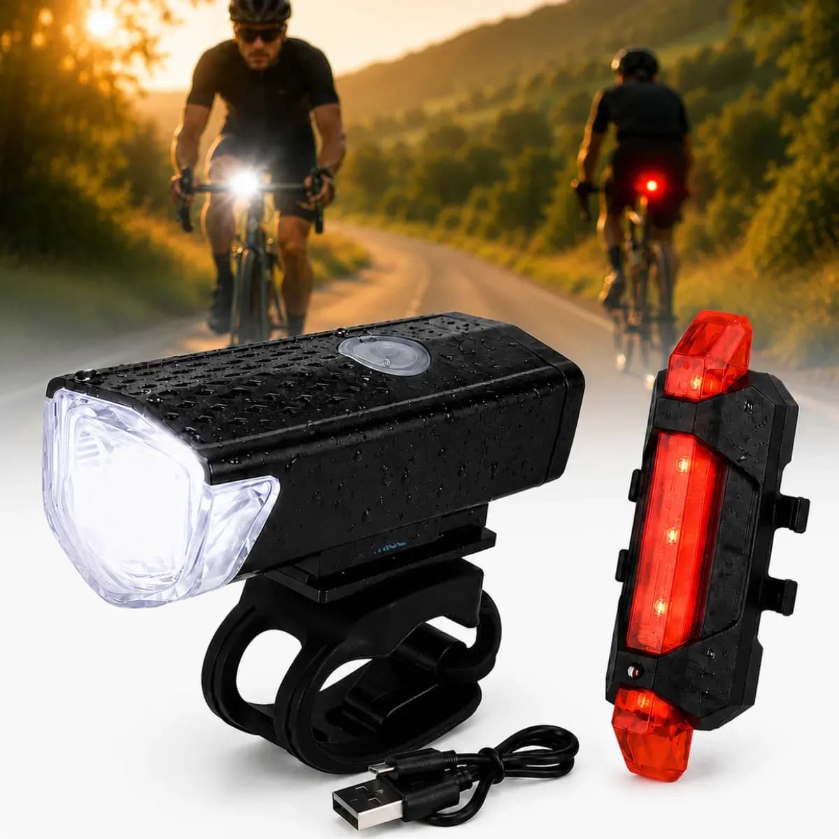 Kit Farol e Lanterna Premium Para Bicicleta Potente Recarregável Led Bike Ciclismo USB 400 Lúmens À Prova D'Água Blackbom