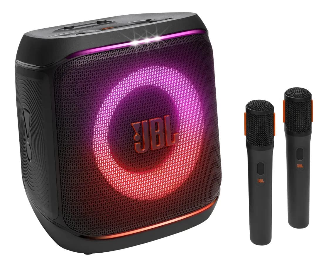 JBL PartyBox Encore 2, com 2 microfones sem fio, 100W RMS, AURA CAST, até 15 horas, bivolt
