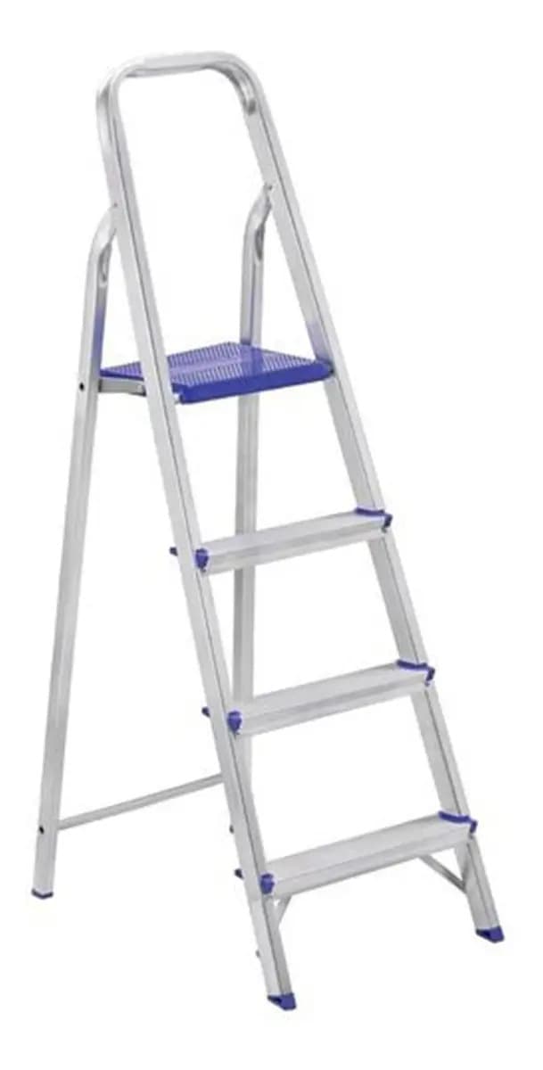Escada Alumínio Doméstica 4 Degraus Reforçada Real Escadas Cor Prateado/Azul