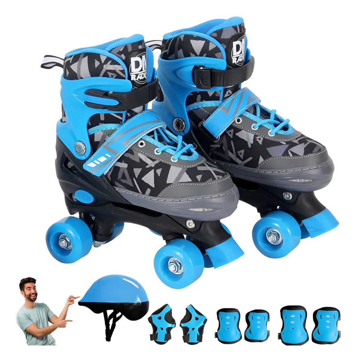 Patins 4 Rodas Com Proteção 30 Ao 33 Azul Ajustável Infantil