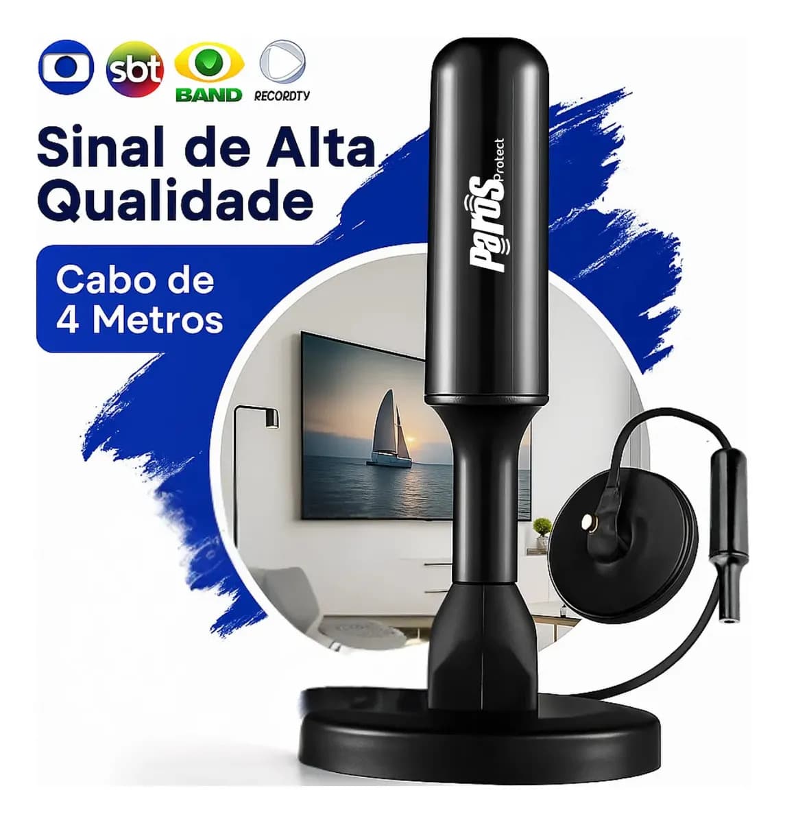 Antena Digital Interna Externa HDTV UHF Cabo Com Cabo Longo De 4 Metros Com Base Magnética Parosprotect