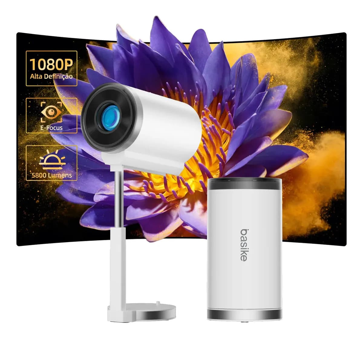 Projetor Basike Inteligente Telescópico com Wi-Fi e Bluetooth, Full HD 4K para Cinema e Jogos