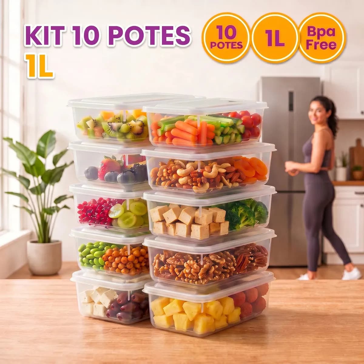 Kit 10 Potes 1 Litro Transparente Marmita Fitness Bpa Free Tampa Hermética Reutilizável Micro E Freezer Mantimentos ponte lar utilidades