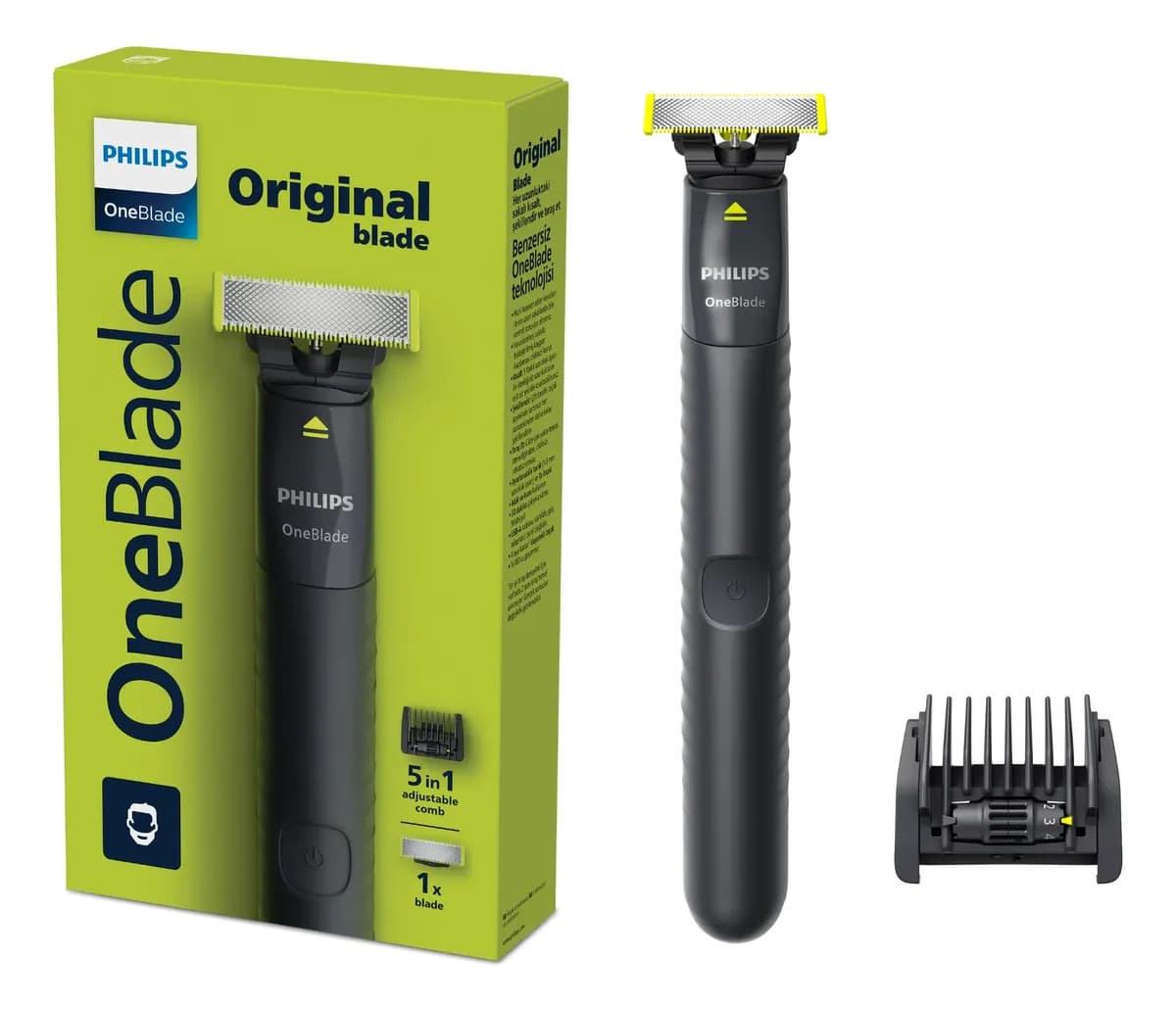 Philips OneBlade Aparador e Barbeador Elétrico com Pente Ajustável 5 em 1 | Raspa, Apara e Contorna | Uso Seco e Molhado | 100% À Prova d'Água | Sem Fio | Bivolt | QP1425/10