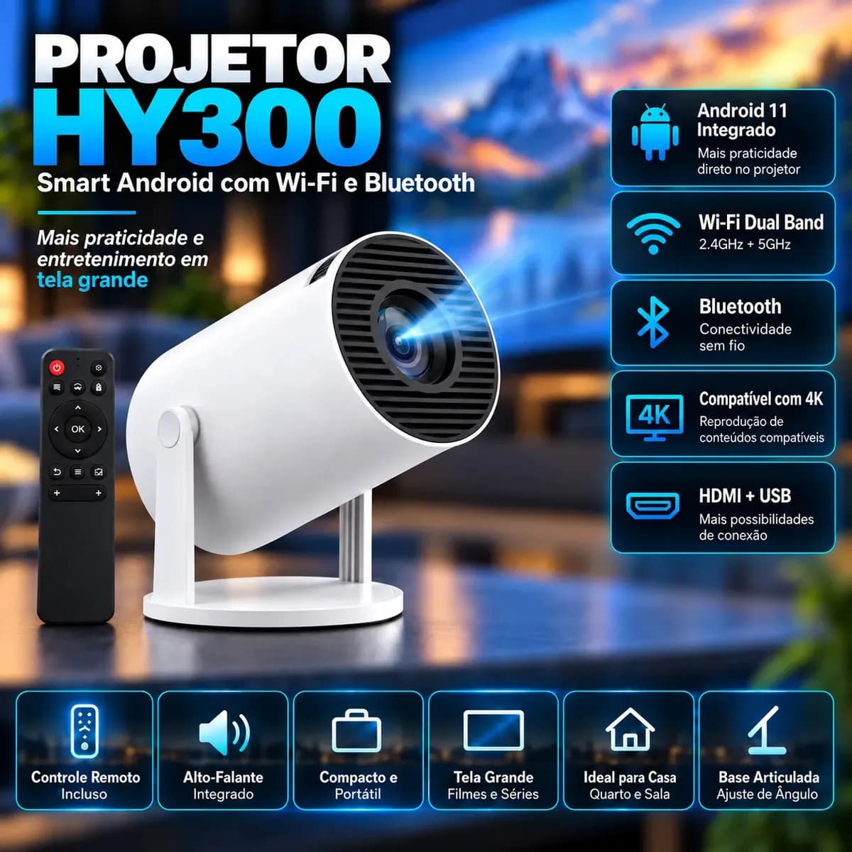 Projetor Portátil HY300 Mini 4K Compatível Android 11 Wi-Fi 5G Bluetooth Smart Portátil Rotação 180° Tela Grande para Filmes Séries Jogos Aulas e Apresentações Home Theater Cinema