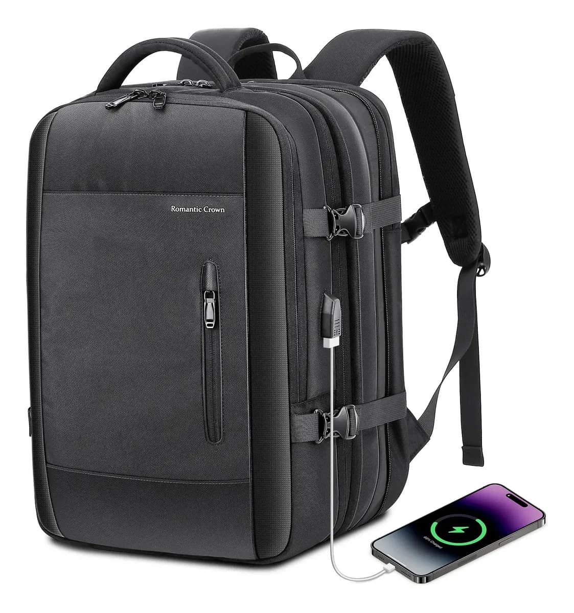 Mochila passeio Romantic Crown Executiva notebook impermeável cor preto design oxford 42L