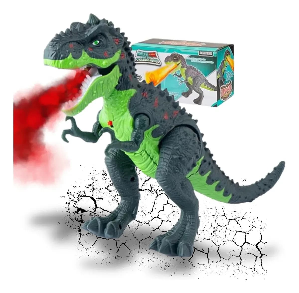 Dinossauro T-Rex de Brinquedo que Anda e Solta Fumaça com Luz e Som Realista Movimenta a Cabeça e Ruge Robô de Brinquedo Interativo Infantil Verde 33 cm Kizumba