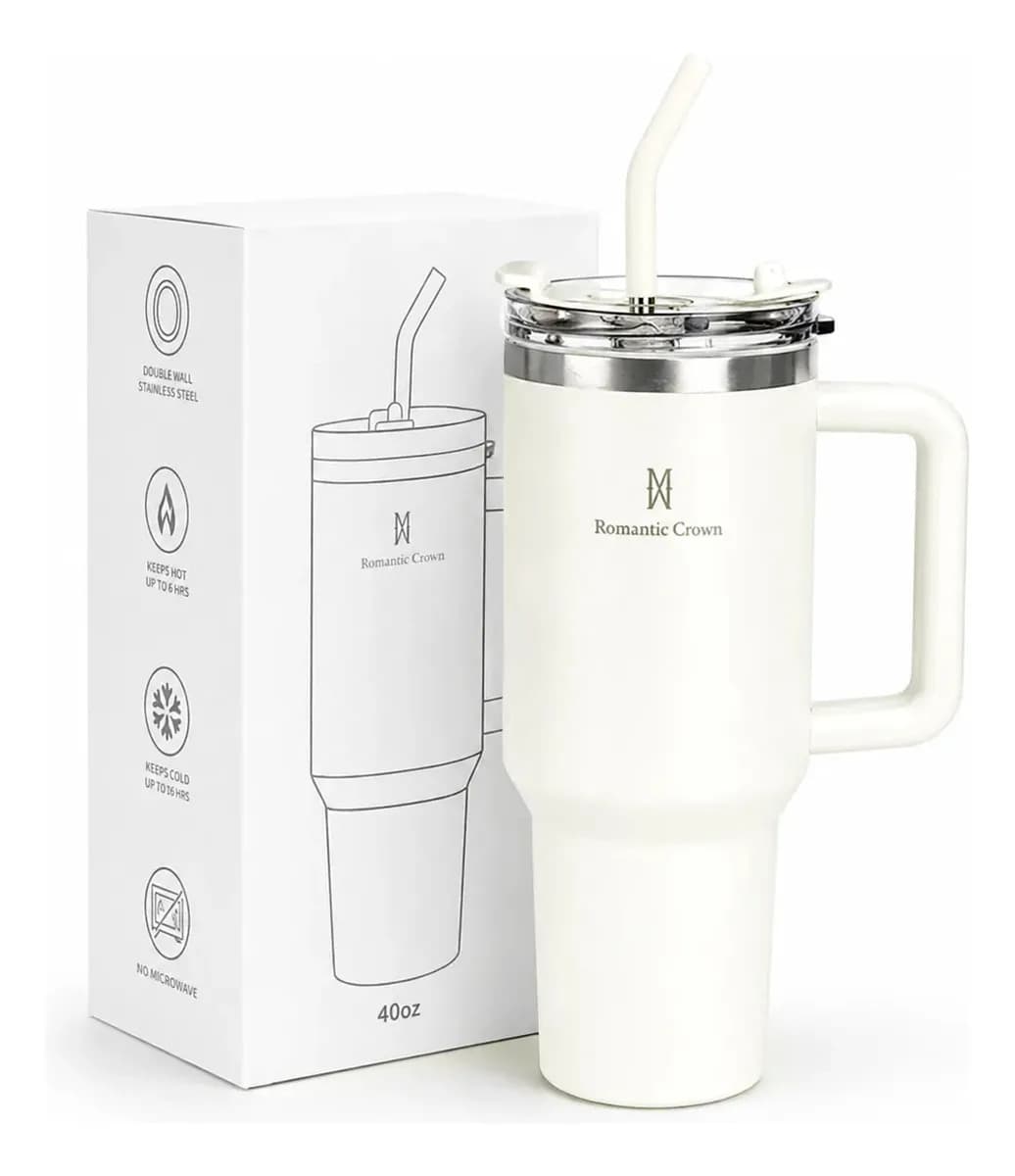 Copo Térmico Gigante 1,2l Inox Com Tampa E Inox Canudo Cor Branco Cor Pura / Material Fosco