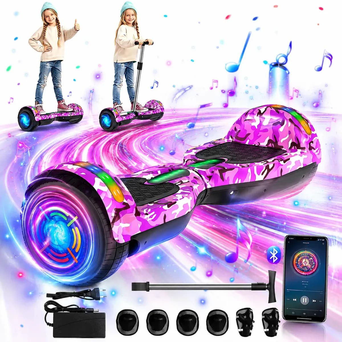 Hoverboard Skate Elétrico 6.5 Polegadas 700W LED Smart Balance Auto Equilíbrio Com Caixa de Som Bluetooth Integrada Barra de Apoio Kit de Proteção Para Crianças E Adultos Camuflado Rosa