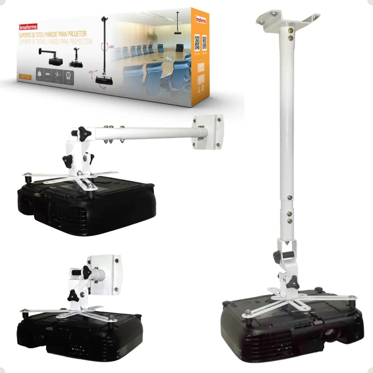 Suporte Para Projetor De Teto Parede Fixo Inclinável 15 Graus Giratório 360 Graus Suporta Até 10kg Feito Em Aço Carbono Pintura Eltrostática Brasforma Sbrp756 Branco Engate Rápido Com Kit De Parafusos