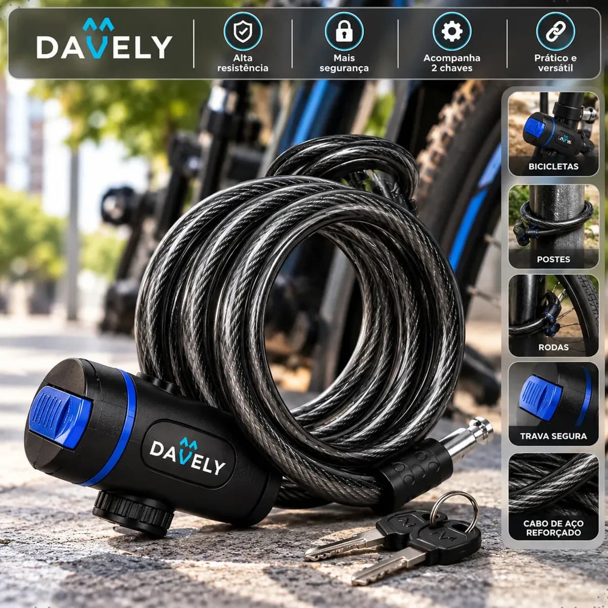 Cadeado Bicicleta Cabo de aço Corrente Prender bicicleta Reforçado Trava Segurança 1,5M Com Suporte Chave Corrente Prender Bicicleta Cadeado Marca Davely Bike Segurança