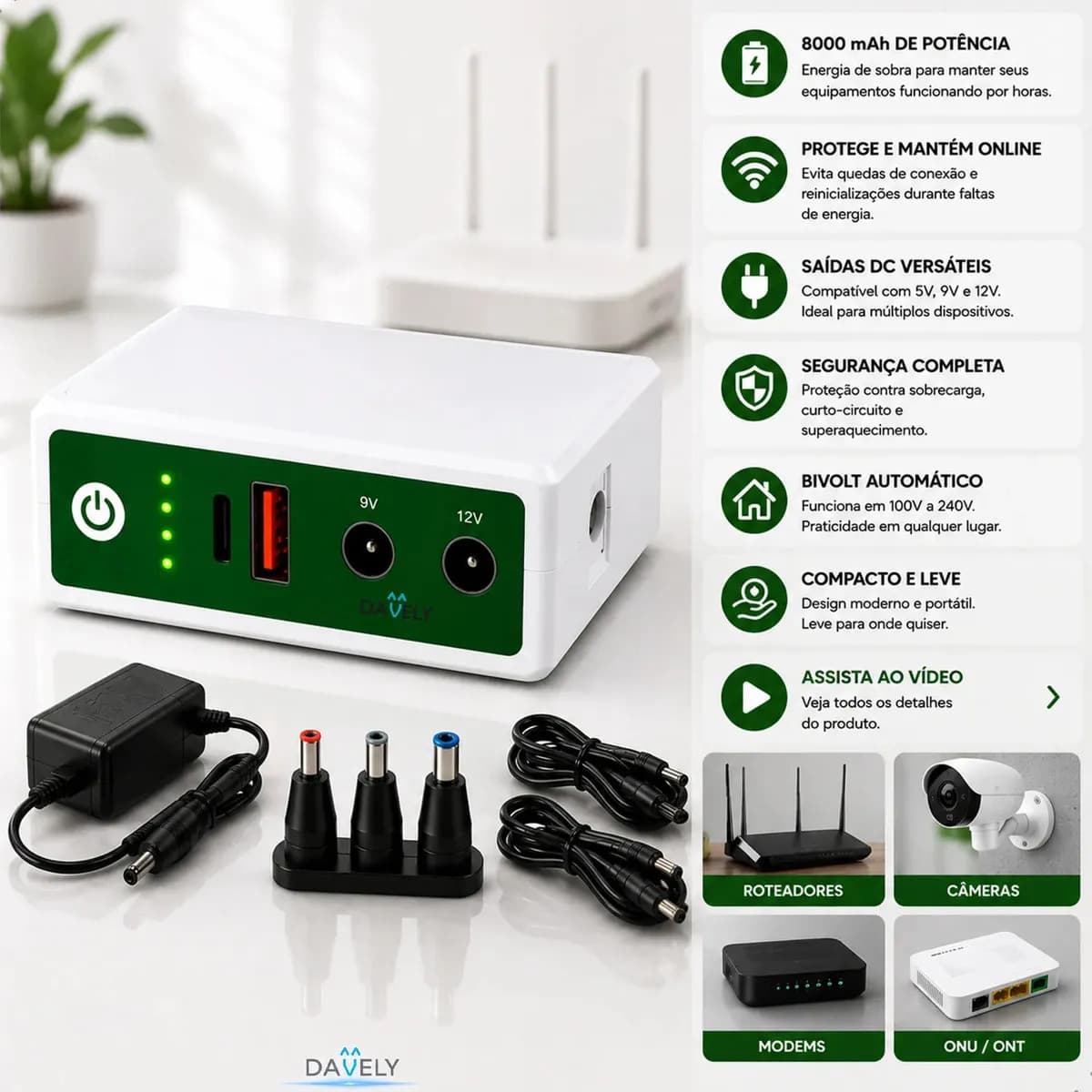 Mini Nobreak Dc Ups 9v 12v Bivolt Para Roteador Câmeras E Modems 8000mAh Roteador Modem Câmera ONU DC UPS Bivolt Backup Energia Autonomia Para Equipamentos Davely