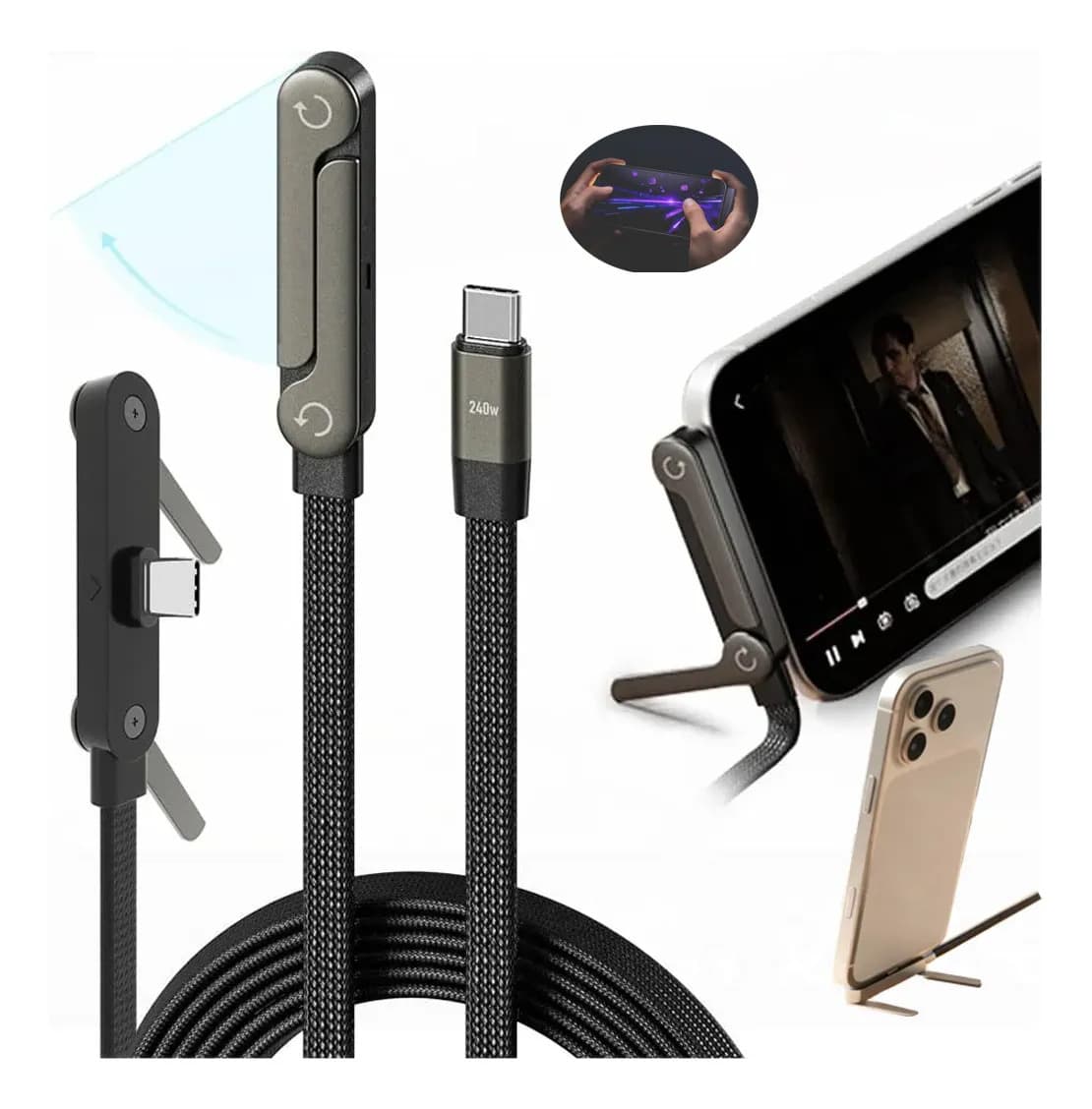 Cabo USB-C para USB-C de 240W com Suporte Dobrável e Carga Rápida de 1.5m