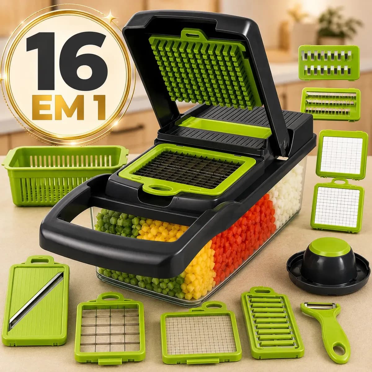 Cortador Fatiador Ralador De Legumes Sólar Frutas Vegetais Triturador Picador Manual 16 Peças para Cozinha Mandolin Inox
