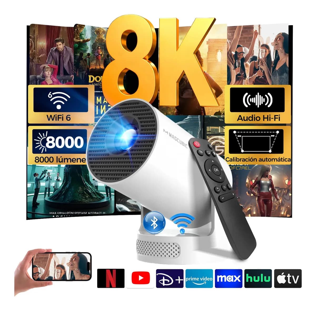 Mini projetor portátil Magcubic 8k Hy300pro+ Led 260ansi Android Smart TV Dual Wifi6 Bluetooth 5.4 com HDMI USB e som Hifi