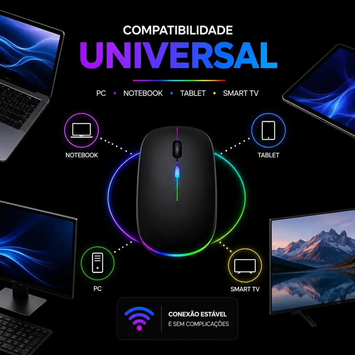 Mouse Sem Fio Recarregável Led Rgb Wireless Ergonômico