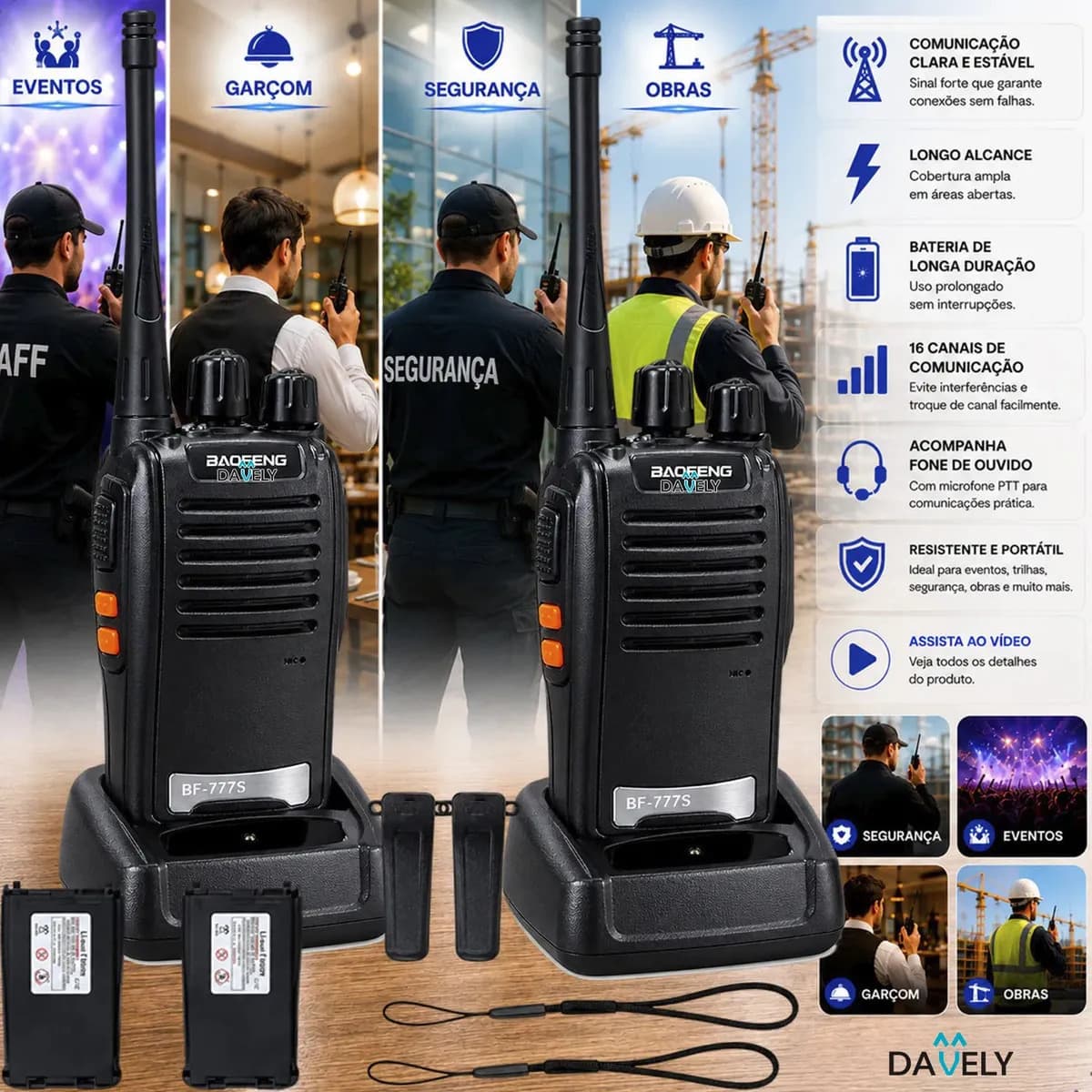 Kit 2 Rádios Comunicadores Walkie Talkie Profissional Eventos HT UHF Radinho walk talk - Com Fone Microfone e Acessórios Comunicação Segura Longo distancia Segurança Garçom Portátil Antena PTT Davely