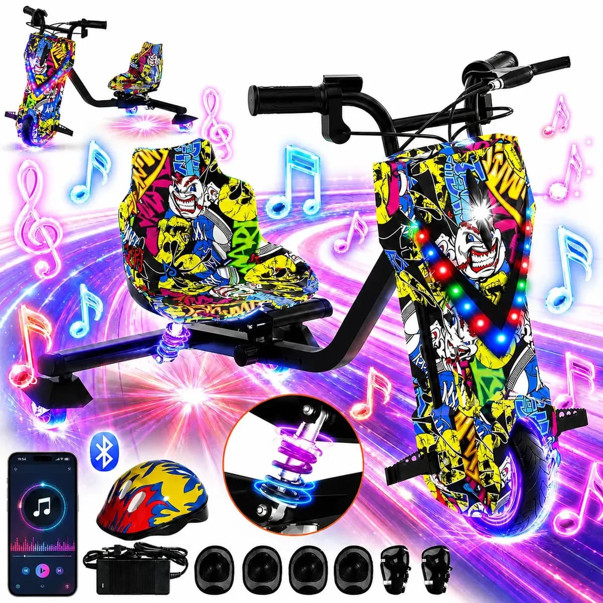 Patinete Elétrico Triciclo Drift Infantil 350W 36V Bluetooth LED 3 Velocidades Motor Brushless Luzes RGB Freio Manual Capacete Kit Proteção Bateria Lítio Ajustável Até 100kg Graffiti