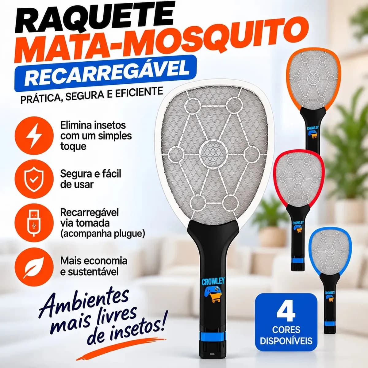 Raquete Elétrica Mata Mosquito Mosca Pernilongo Dengue Insetos Bateria Recarregavel Bivolt - Crowley