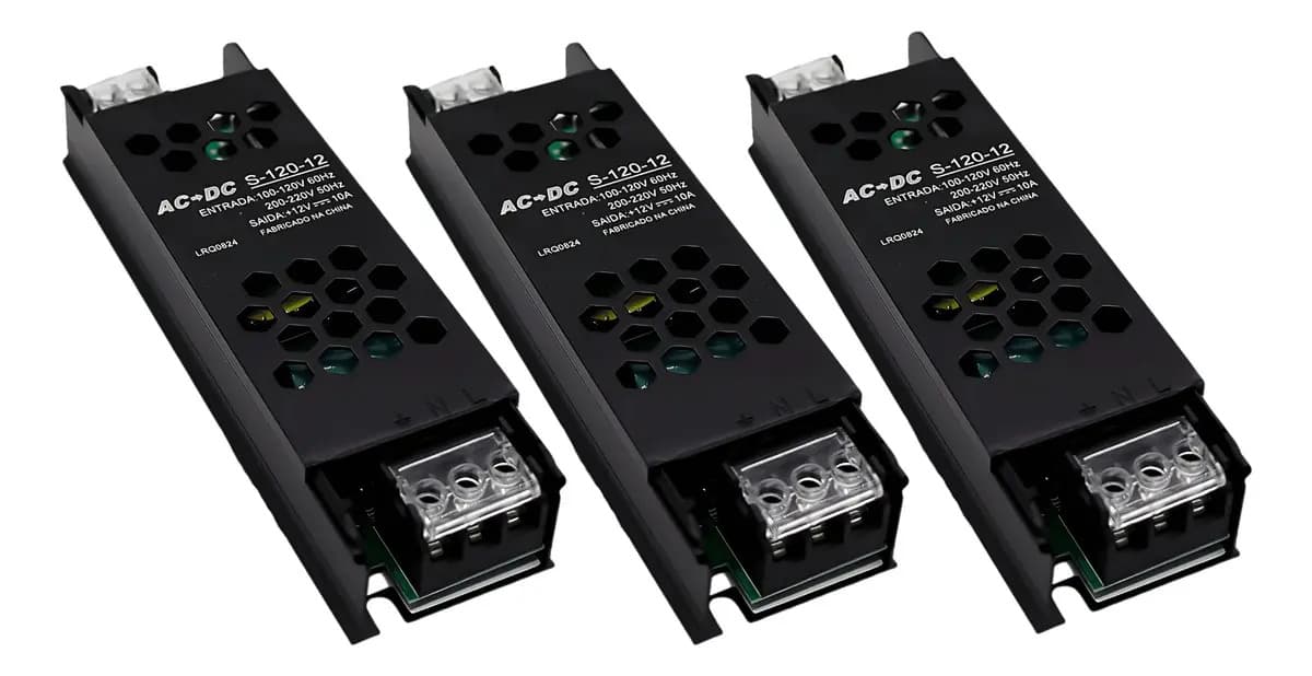 Kit 3 Fonte Chaveada Slim 12v 10a 120w P/ Cftv Fita Led Som Preta LUZTUDO