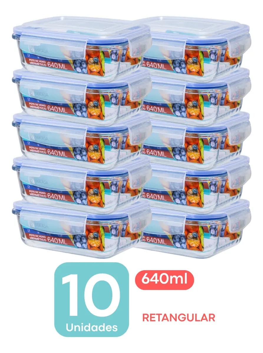 Kit Potes Marmita Vidro 640ml Retangular Hermético 640ml